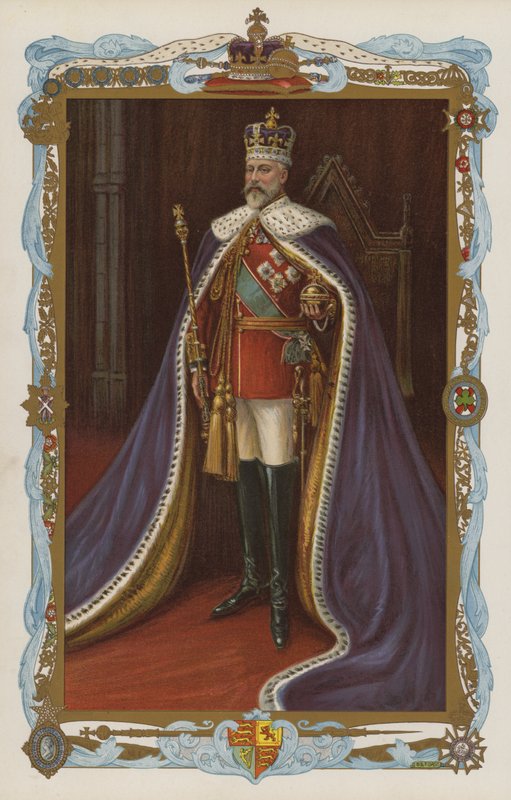 Rei Eduardo VII em trajes de coroação (litografia a cores) de English School