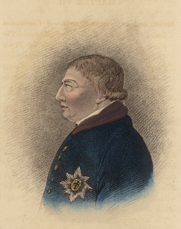 Rei Jorge III, de um esboço tirado em Windsor durante a sua doença (gravura colorida) de English School