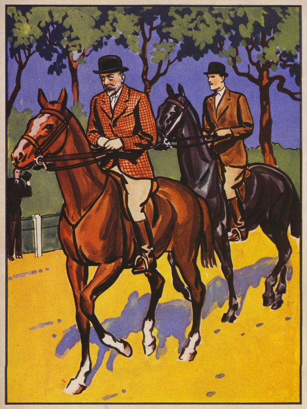 Rei George V andando em Rotten Row, Hyde Park, Londres (lito colorido) de English School