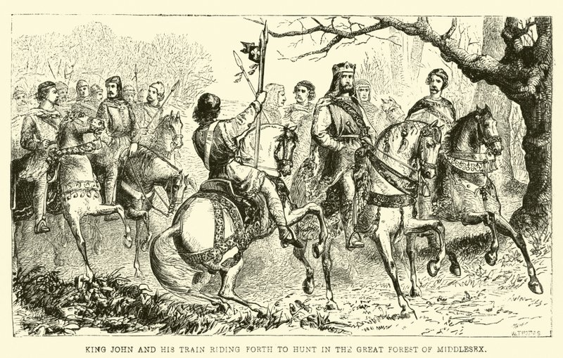 Rei João e seu trem cavalgando para caçar na Grande Floresta de Middlesex de English School