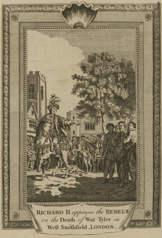 Rei Ricardo II apazigua os rebeldes com a morte de Wat Tyler em West Smithfield, Londres de English School