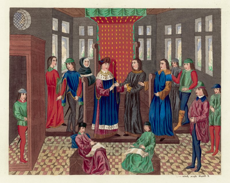 O Rei Ricardo II renuncia à coroa e ao estado (gravura colorida) de English School