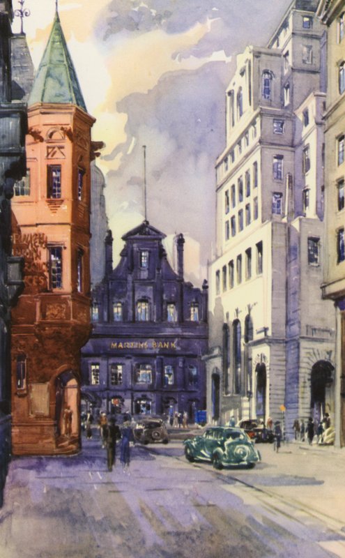 King Street, Manchester, o centro financeiro da cidade (lito colorido) de English School