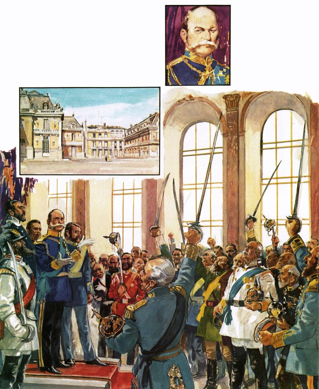 Rei Guilherme da Prússia anunciando o estabelecimento de um Império Alemão unificado no palácio de Versalhes de English School