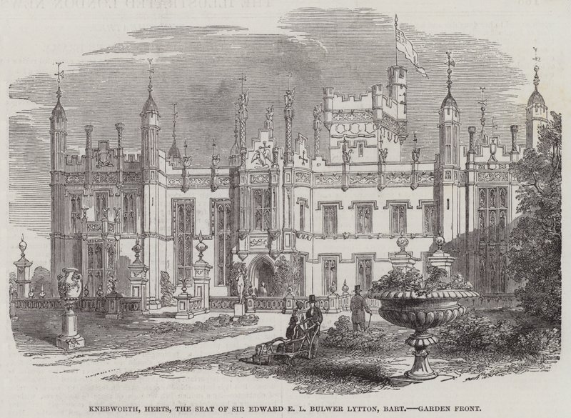Knebworth, Herts, a Sede de Sir Edward E L Bulwer Lytton, Baronete, Garden Front (gravura) de English School