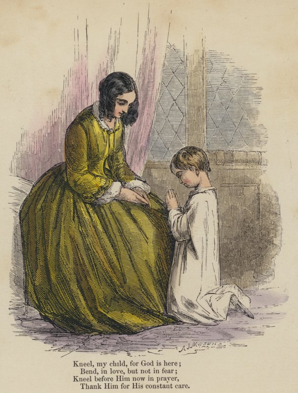 Ajoelha-te, meu filho, porque Deus está aqui; Ajoelha-te, com amor, mas não com medo; Ajoelha-te perante Ele agora em oração, agradece-lhe pelos seus constantes cuidados (gravura colorida) de English School