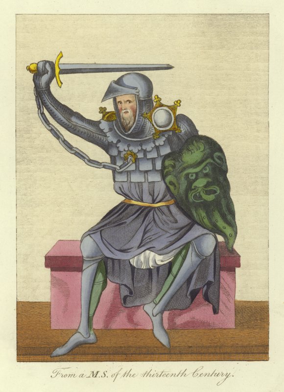 Cavaleiro, possivelmente rei, em armadura, de um manuscrito do século XIII de English School
