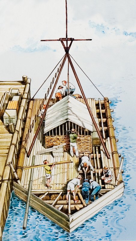 Kon-Tiki sendo construído a partir de madeira de balsa de English School