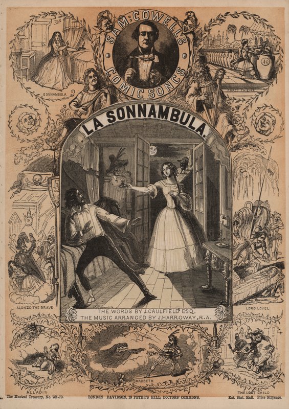 La Sonnambula, uma das Canções Cómicas de Sam Cowells (cor litho) de English School