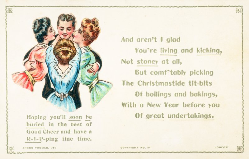Senhoras esbanjando afeição em cavalheiro, ChristmasNew Year Card de English School