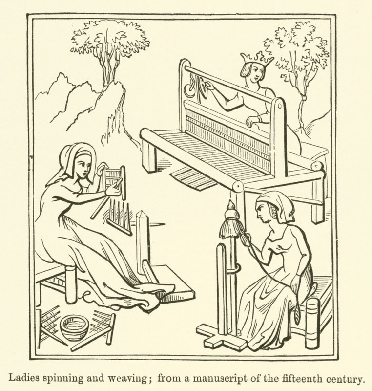 Mulheres fiando e tecendo, a partir de um manuscrito do século XV (gravura) de English School
