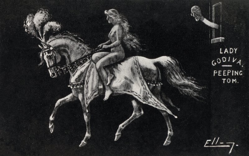Lady Godiva montada nua a cavalo pelas ruas de Coventry, vigiada por um Peeping Tom (litho) de English School