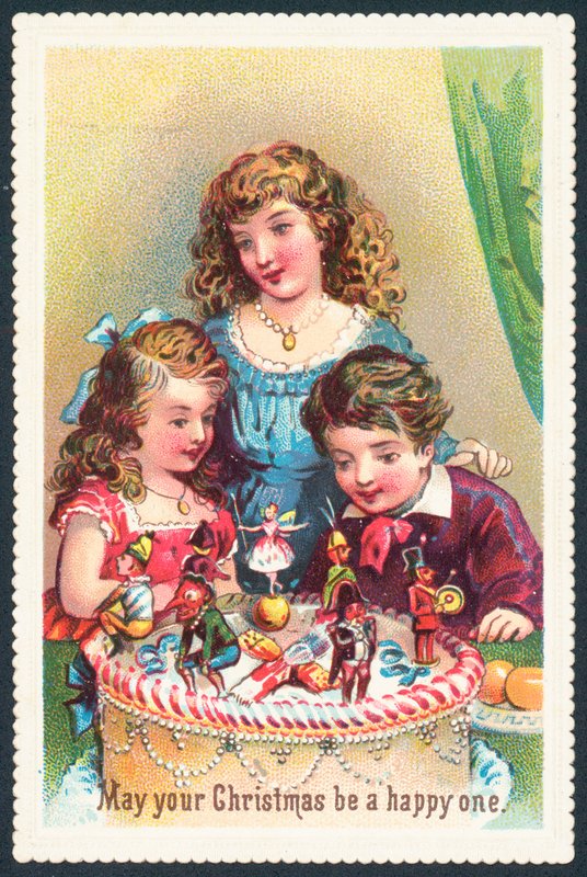 Senhora e filhos, admirando o bolo de Natal, cartão de Natal de English School