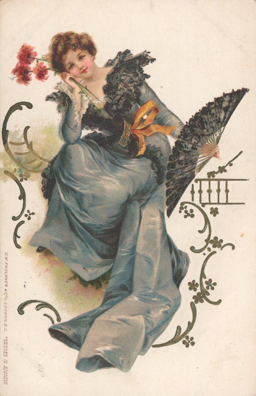 Lady com ventilador e flores de English School
