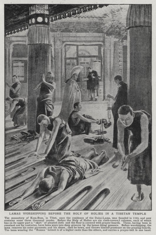 Adoração do Lamas diante do Santo dos Santos em um templo tibetano (litho) de English School