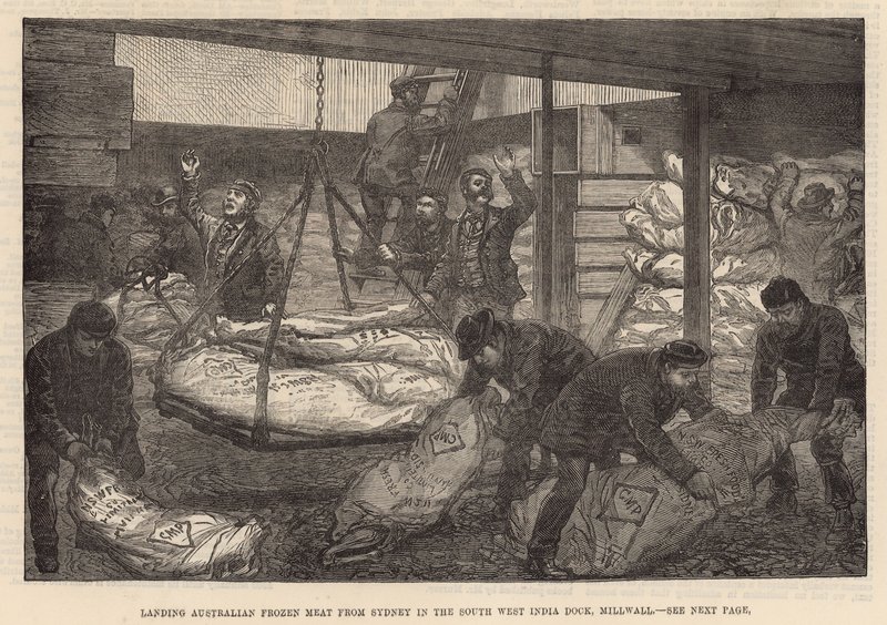 Desembarque de carne congelada australiana no South West India Dock, Millwall de English School