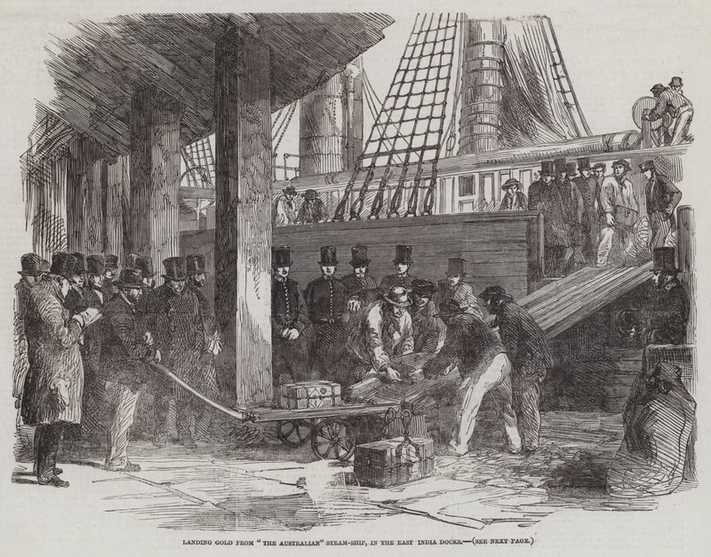 Desembarque de ouro do navio a vapor "The Australian", nas Docas das Índias Orientais (gravura) de English School
