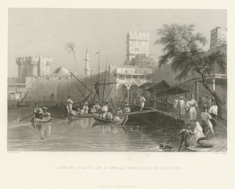 Local de desembarque em um pequeno porto em Rodes, 1837 de English School