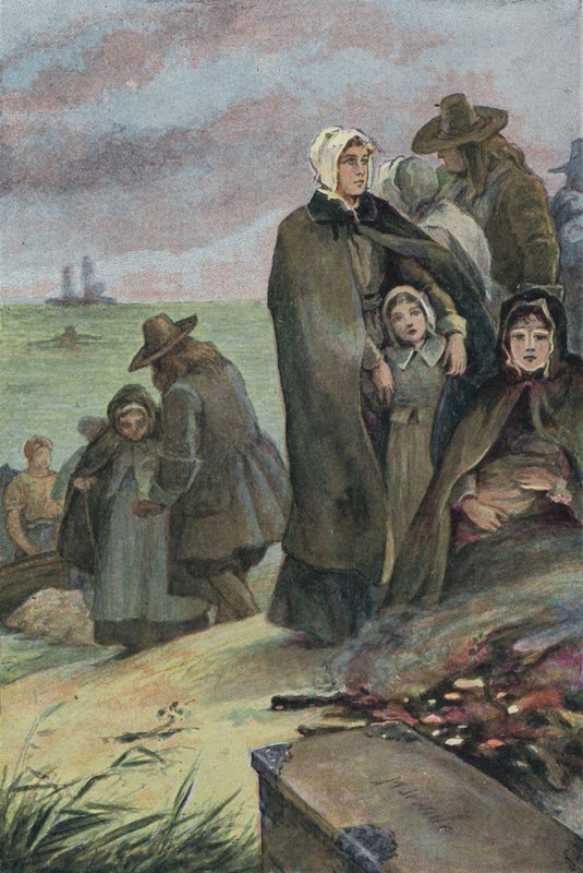 Desembarque dos Padres Peregrinos na América após a sua viagem a bordo do Mayflower, 1620 de English School