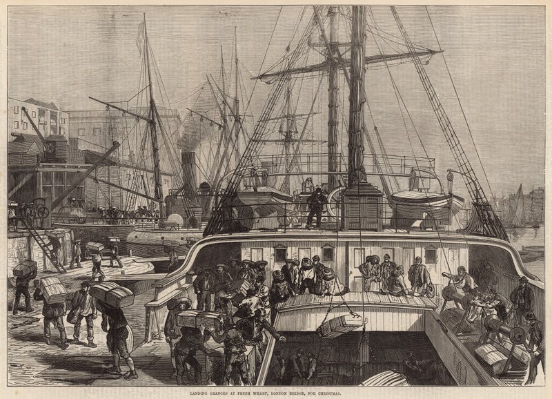 Laranjas de desembarque no Fresh Wharf, London Bridge, para o Natal de English School