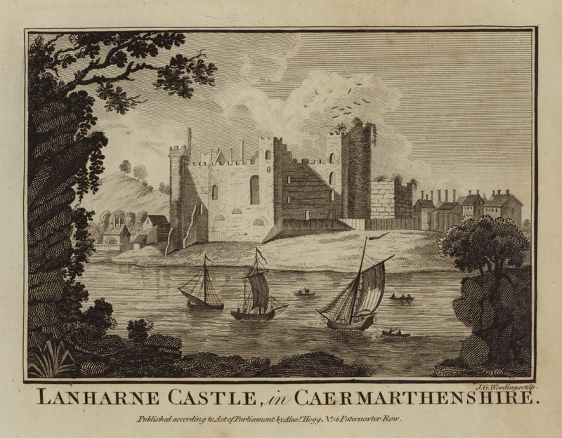 Castelo de Lanharne, em Caermarthenshire (gravura) de English School