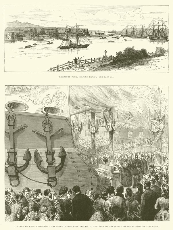 Lançamento do HMS Edimburgo no Pembroke Dock, Milford Haven (gravura) de English School