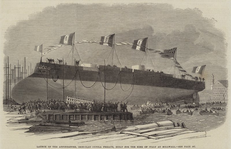 Lançamento do Affondatore, fragata de cúpula revestida de ferro, construída para o rei da Itália em Millwall, 1865 de English School