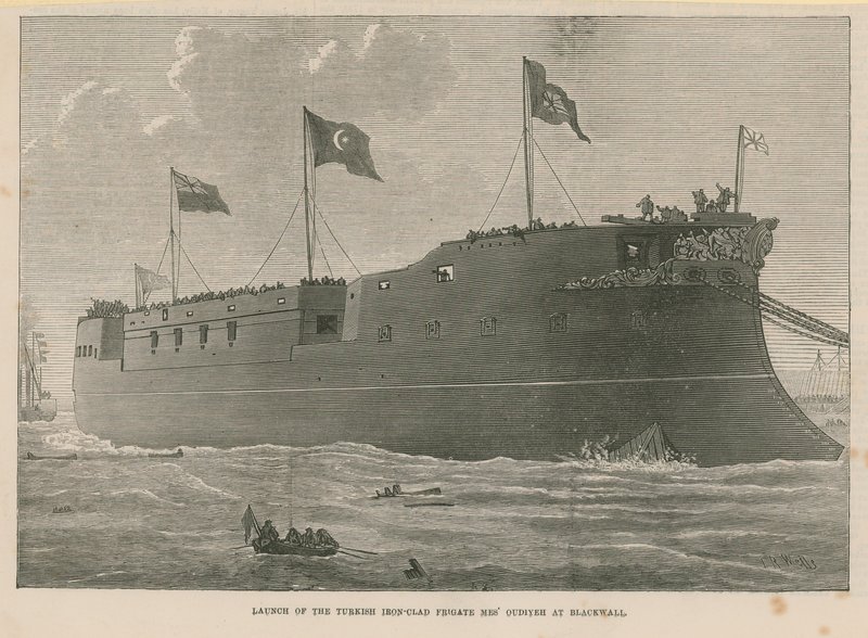 Lançamento da fragata turca de ferro Mes Oudiyeh em Blackwall de English School