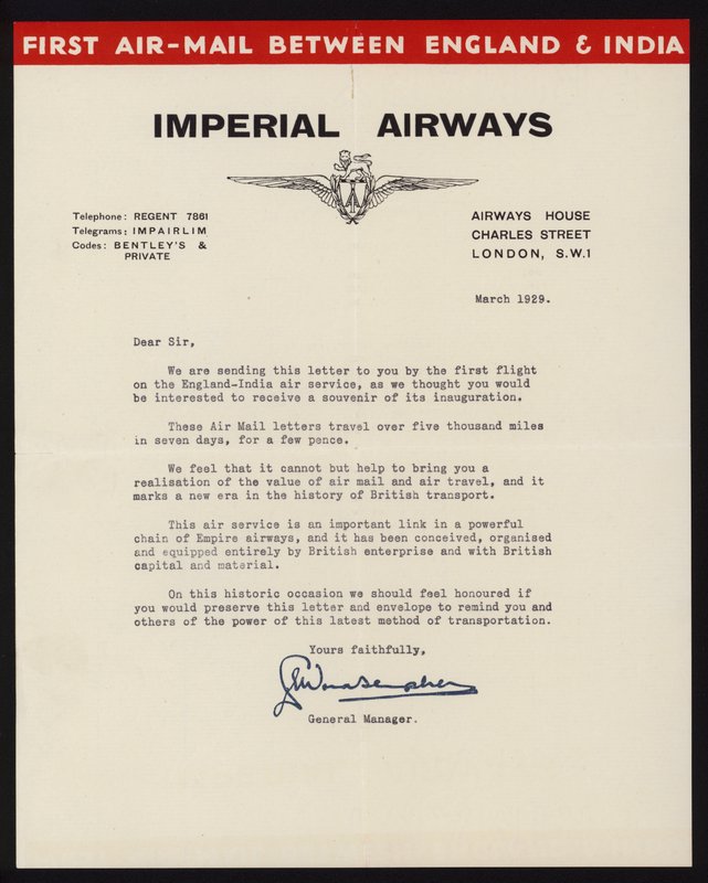 Lançamento do primeiro serviço de correio aéreo entre a Inglaterra e a Índia pela Imperial Airways em Março de 1929 (litho) de English School