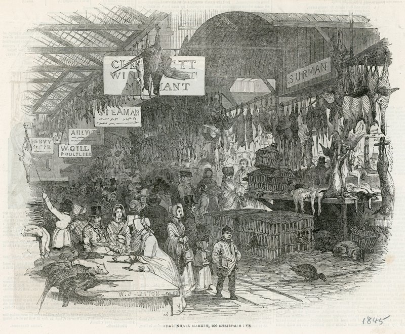 Mercado de Leadenhall na véspera de Natal de 1845 de English School