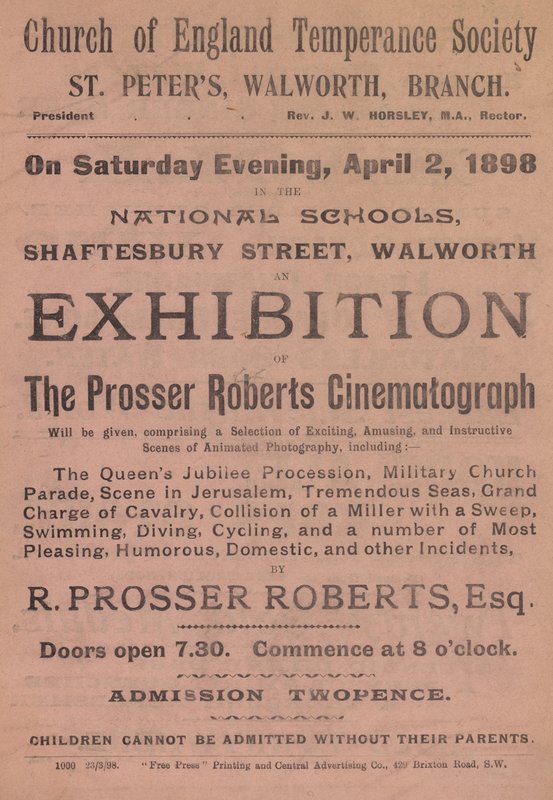 Folheto anunciando uma exposição do Cinematógrafo Prosser Roberts de English School