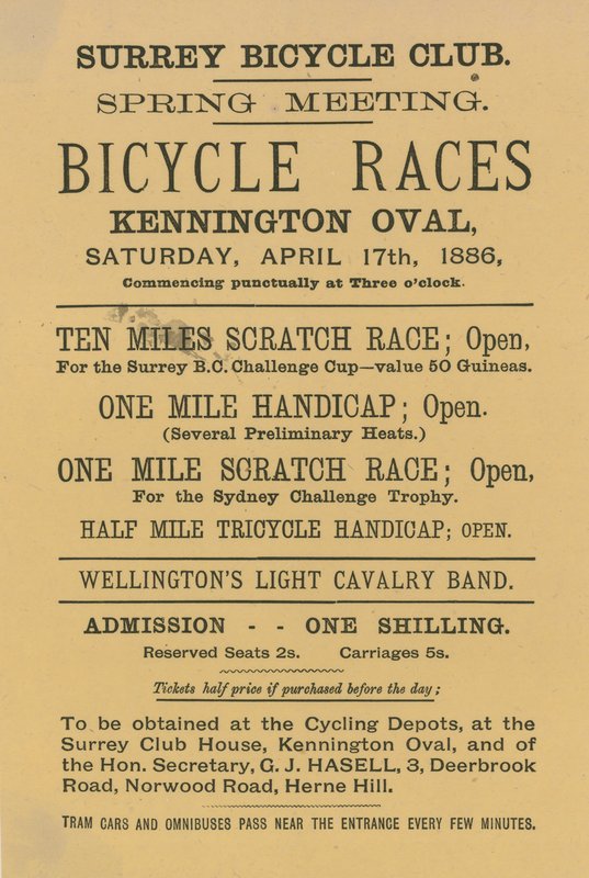 Folheto publicitário de corridas de bicicleta em Kennington Oval, 17 de abril de 1886 de English School