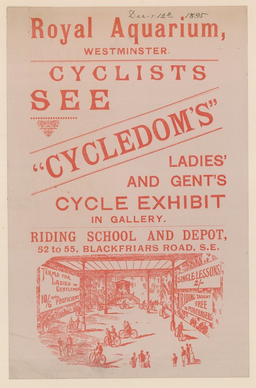 Folheto anunciando a exibição Cycleoms Ladies and Gents Cycle no Royal Aquarium de English School