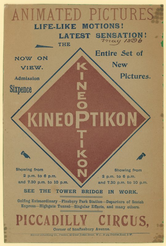 Folheto anunciando o Kineoptikon, Piccadilly Circus de English School