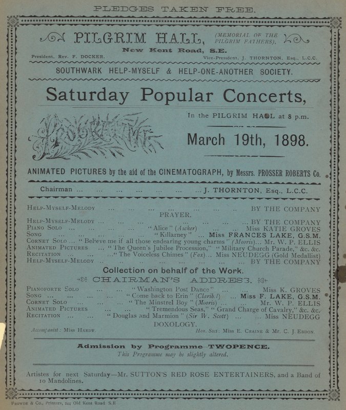 Folheto anunciando os Concertos Populares de Sábado no Pilgrim Hall de English School