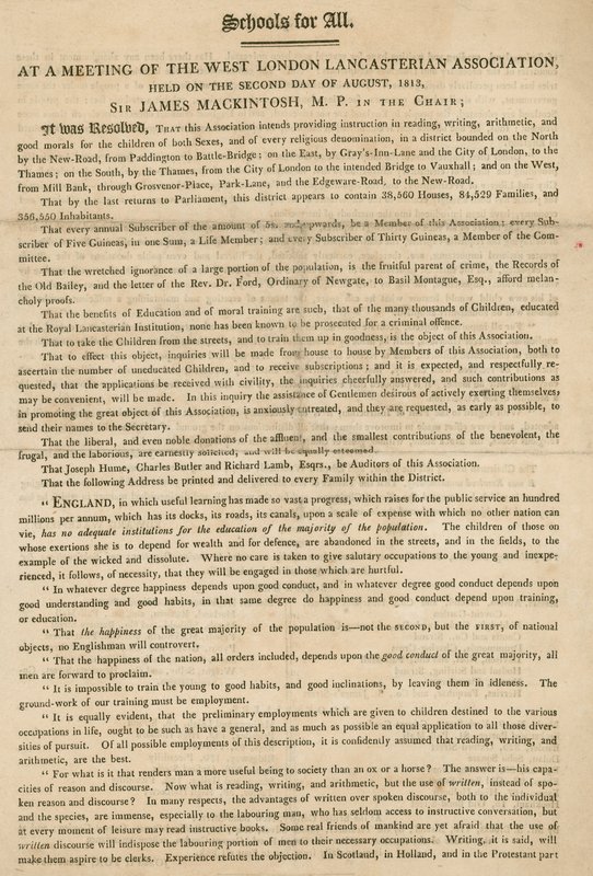 Folheto explicando uma resolução da West London Lancasterian Association para começar a fornecer instruções para crianças, em agosto de 1813 de English School