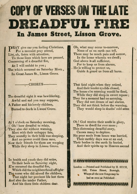 Folheto com verso relativo a um incêndio em James Street, Lisson Grove, Londres de English School