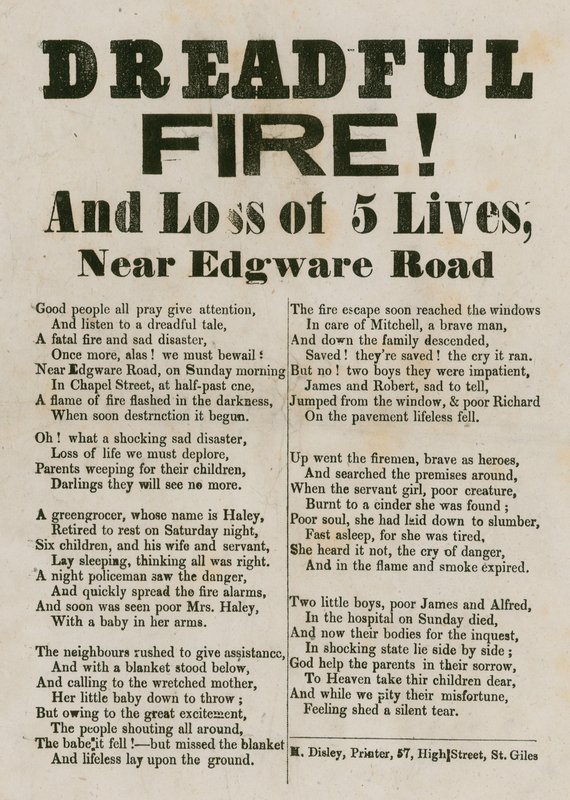 Folheto com verso relativo a um incêndio perto de Edgware Road, Londres de English School