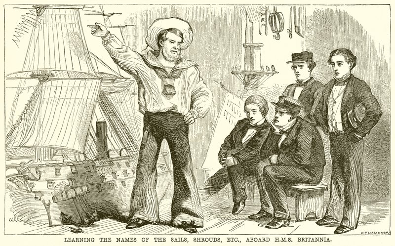 Aprendendo os nomes das velas, mortalhas, Etc., a bordo do HMS Britannia de English School