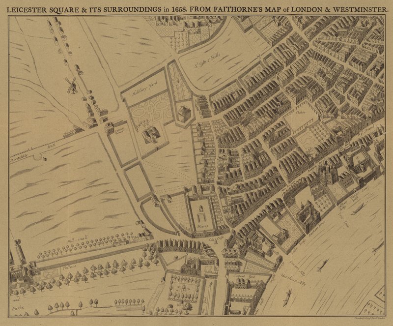 Leicester Square e seus arredores em 1658 de English School