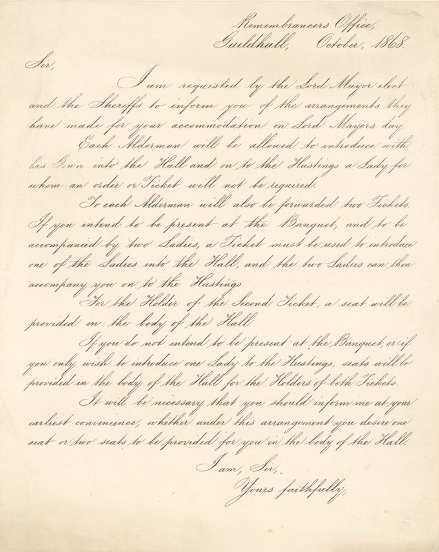 Carta detalhando arranjos para um banquete no Guildhall, Londres, em 9 de novembro de 1868 de English School