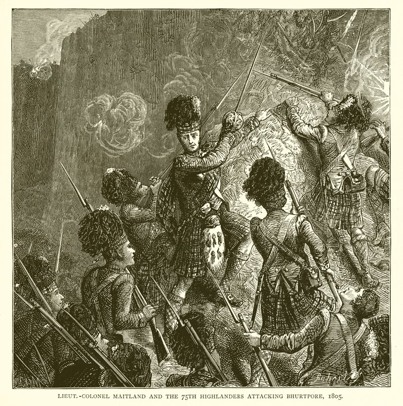 Tenente-Coronel Maitland e os 75º Highlanders atacando Bhurtpore, 1805 de English School