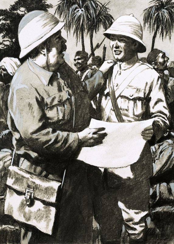 Tenente Downes e o artista Melton Prior com o desenho do ataque de Prior sobre Minhla de English School