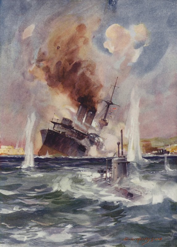 Tenente Holbrook leva submarino B11 sob as minas em Dardanelos e afunda um encouraçado turco de English School