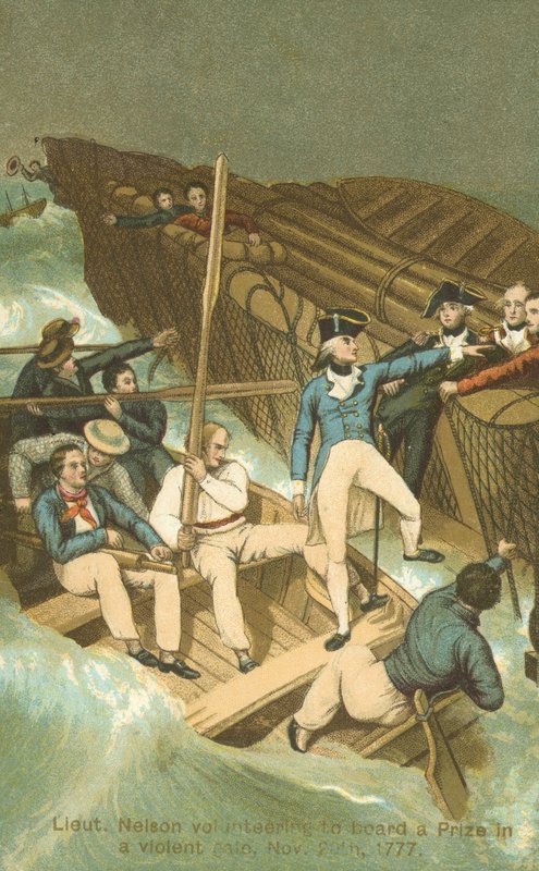 O Tenente Horatio Nelson embarca num prémio numa tempestade (cor litho) de English School