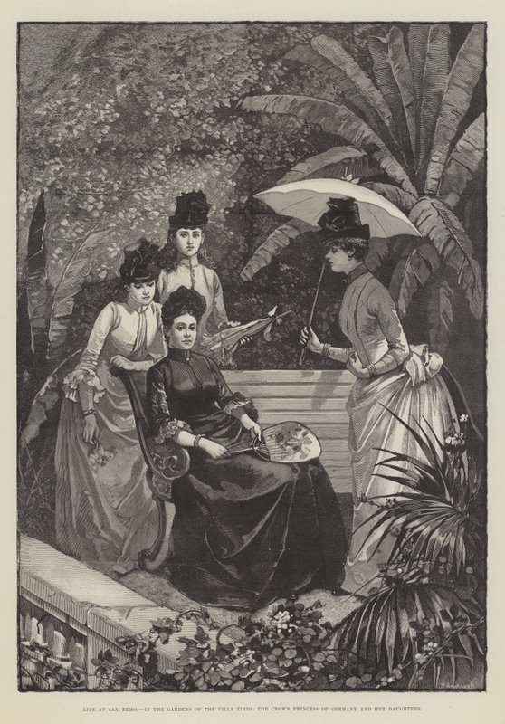 A vida em San Remo, nos Jardins da Villa Zirio, a Princesa Coroa da Alemanha e suas Filhas (gravura) de English School
