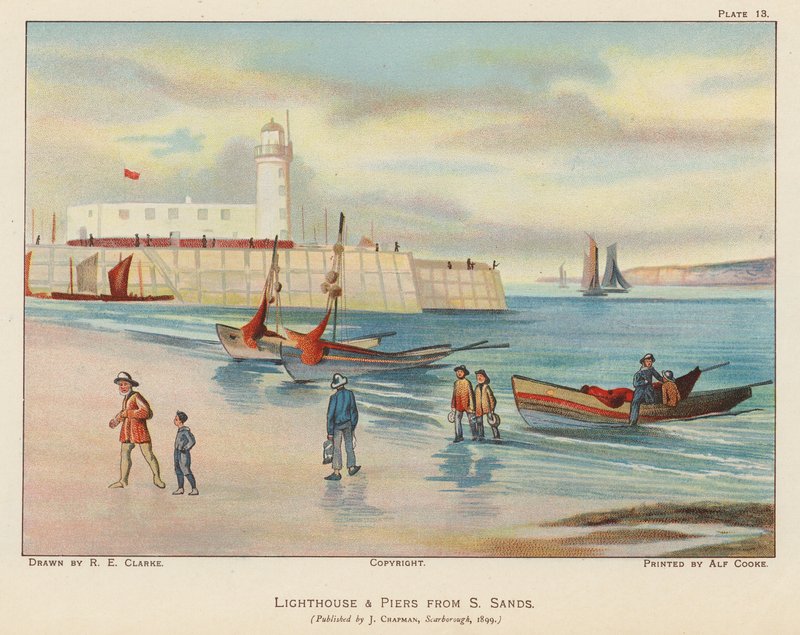 Farol e cais de South Sands, Scarborough (litografia a cores) de English School