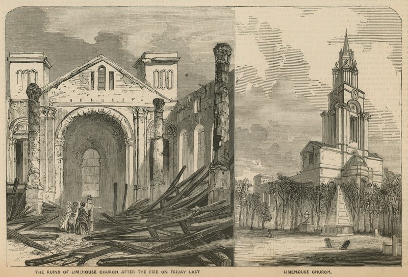Igreja de Limehouse antes e depois do incêndio de English School