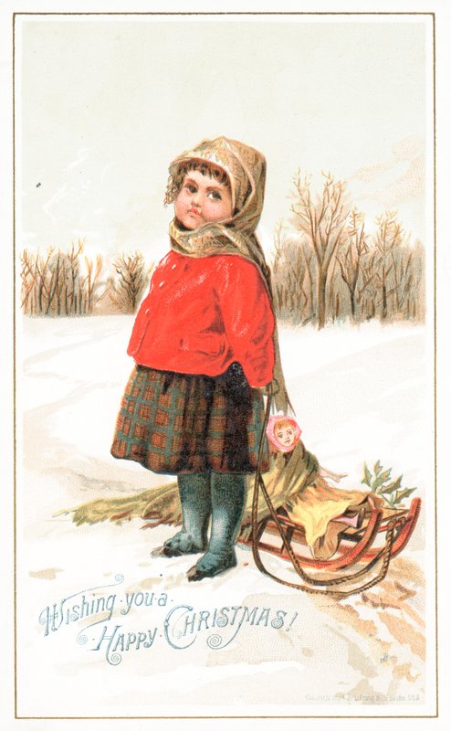 Menina que está por um sledge, cartão de Natal de English School