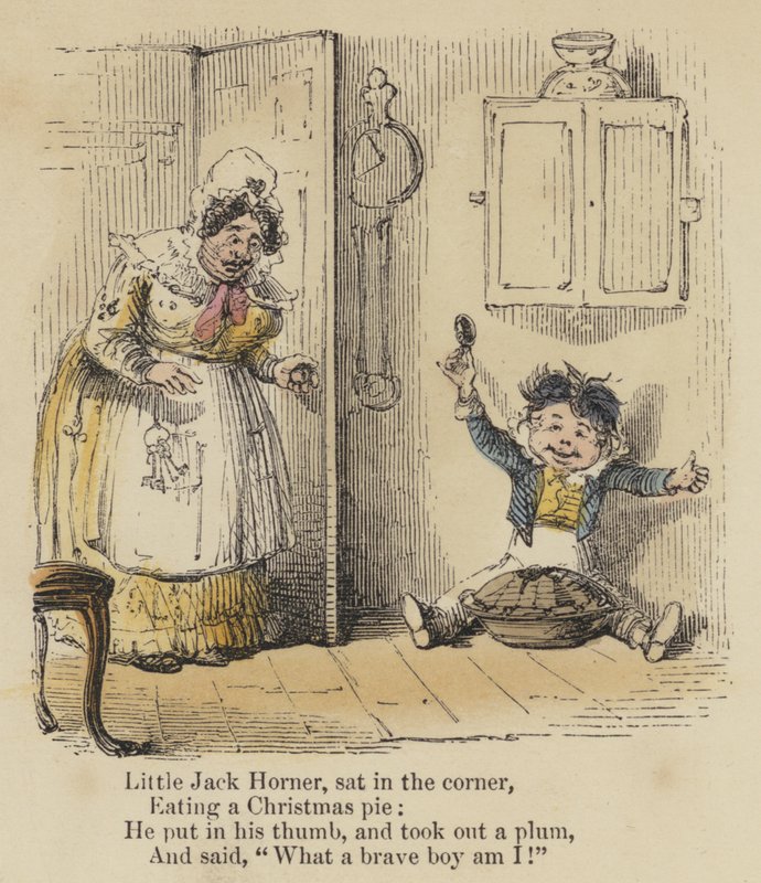 O pequeno Jack Horner, sentou-se no canto, a comer uma tarte de Natal, meteu o polegar e tirou uma ameixa, e disse: "Que rapaz corajoso sou eu!" (gravura colorida) de English School